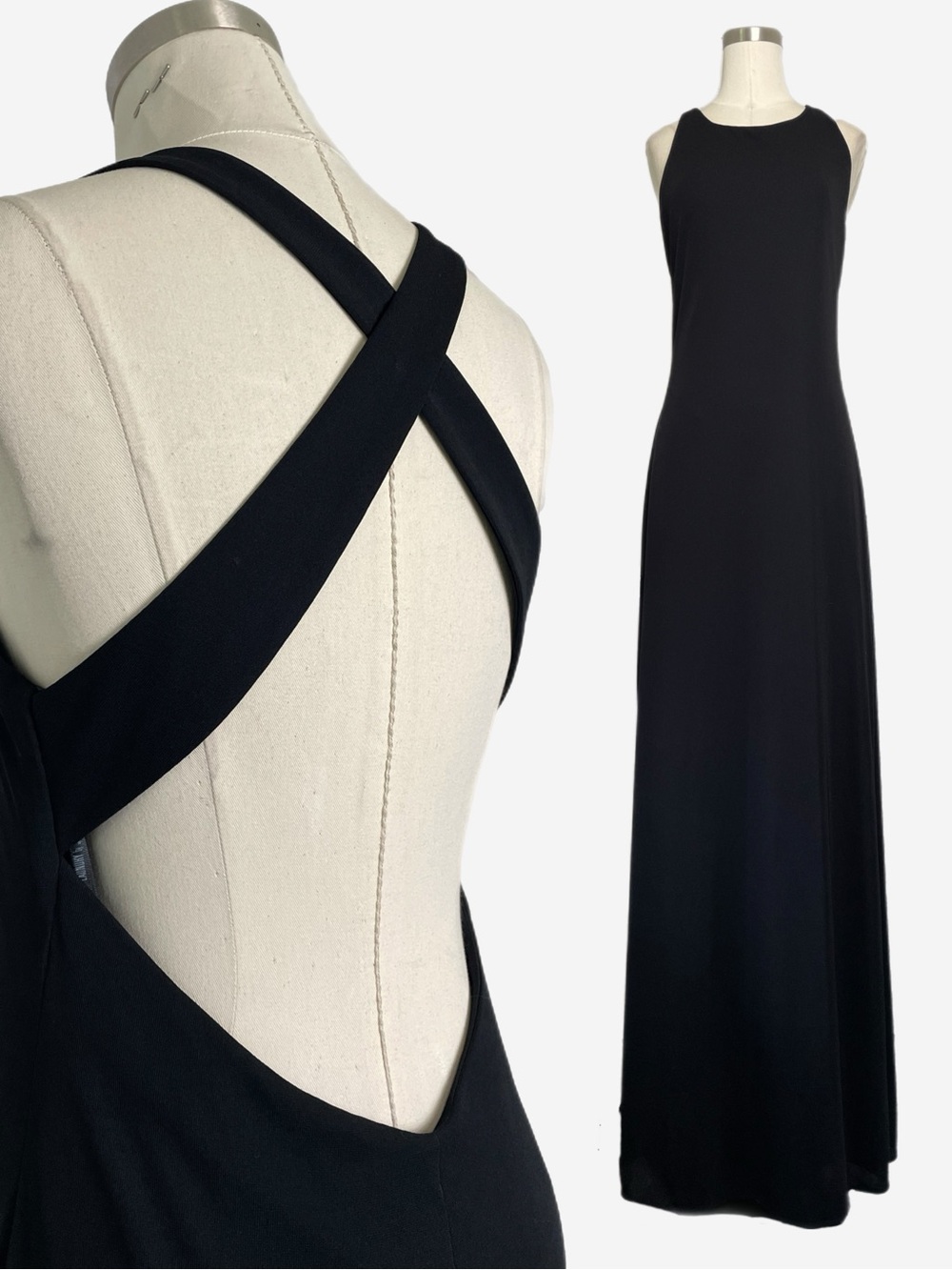 Vintage 90s Laundry By Shelli Segal Black open back high neck gown minimal M/L